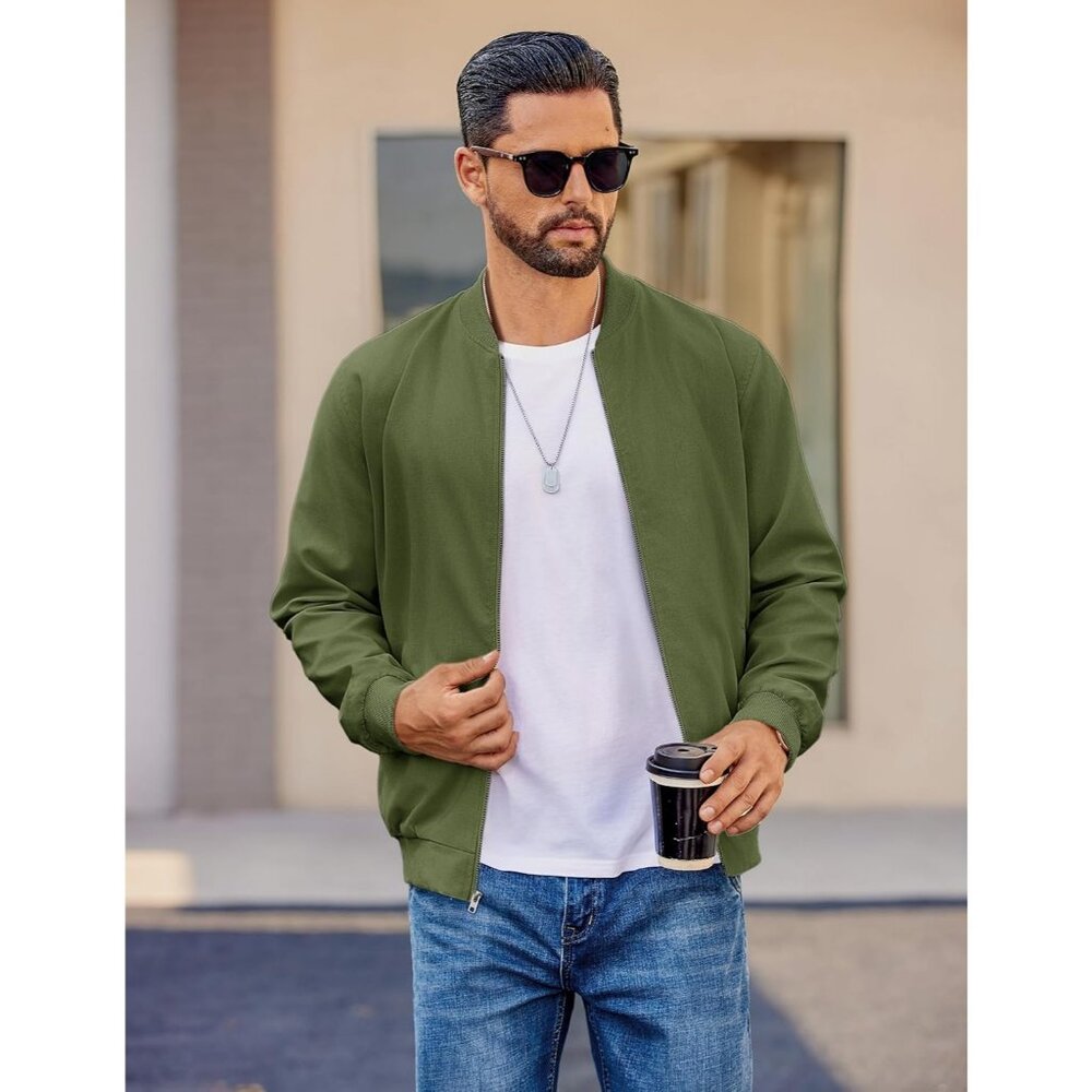 Men's Casual Cotton Bomber Jacket Army Green Lightweight Flight Softshell - Picture 3 of 5